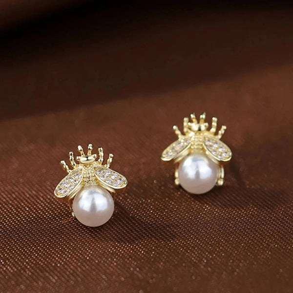 Golden Bee Pearl Stud Earrings