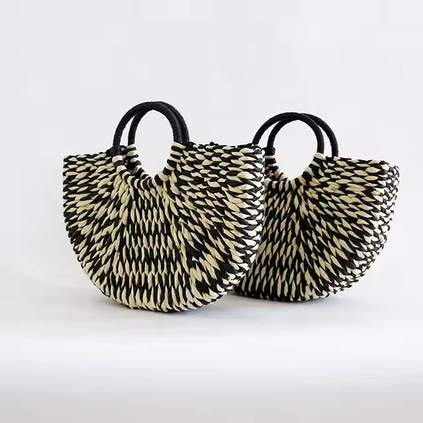 White & Black Paper Straw Beach Tote