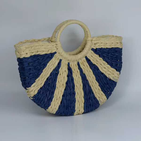 White & Blue Paper Straw Beach Tote